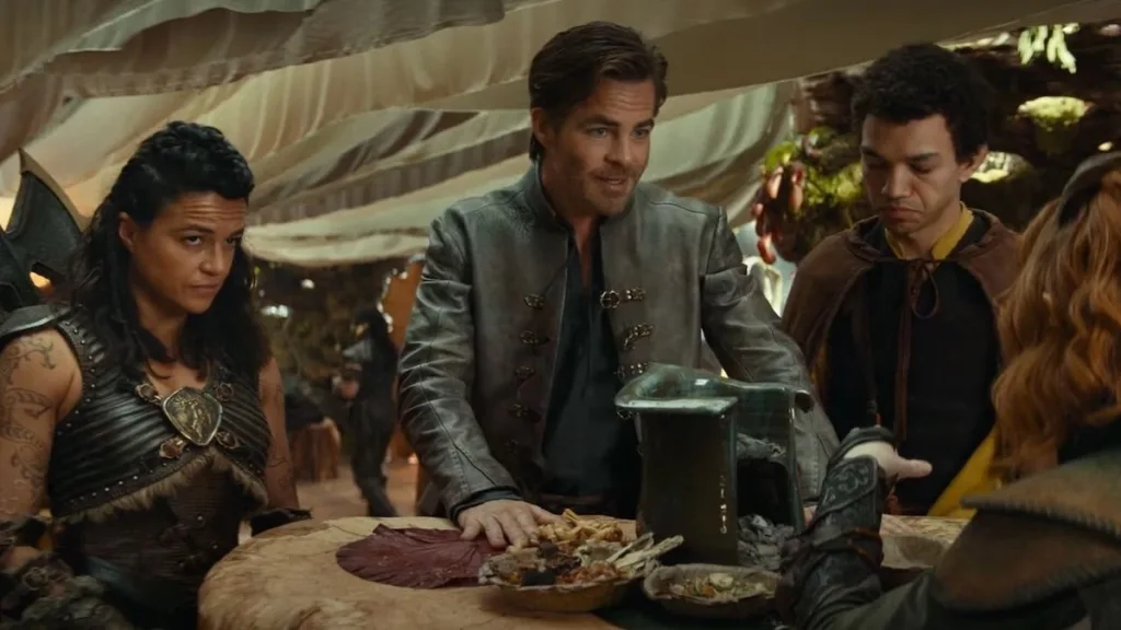 Chris Pine, Michelle Rodriguez, and Justice Smith in Dungeons and Dragons movie