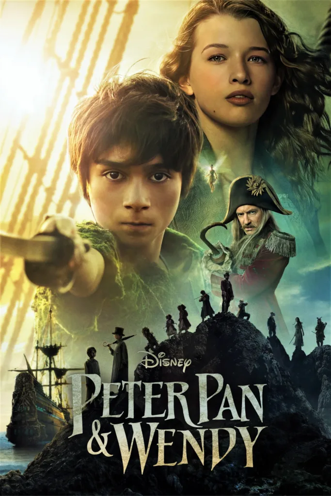 Peter Pan and Wendy movie poster for 2023 live action Peter Pan movie on Disney+. Directed by David Lowery