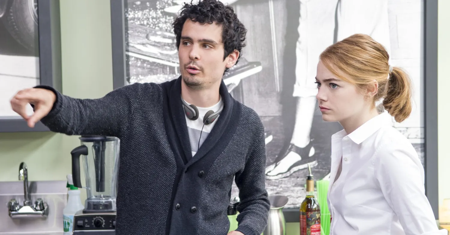 Damien Chazelle and Emma Stone on the set of La La Land (2017)